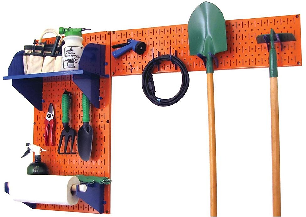 Wall Control Garden Tool Storage Organizer Pegboard Kit, Orange Tool Board and Blue Accessories
