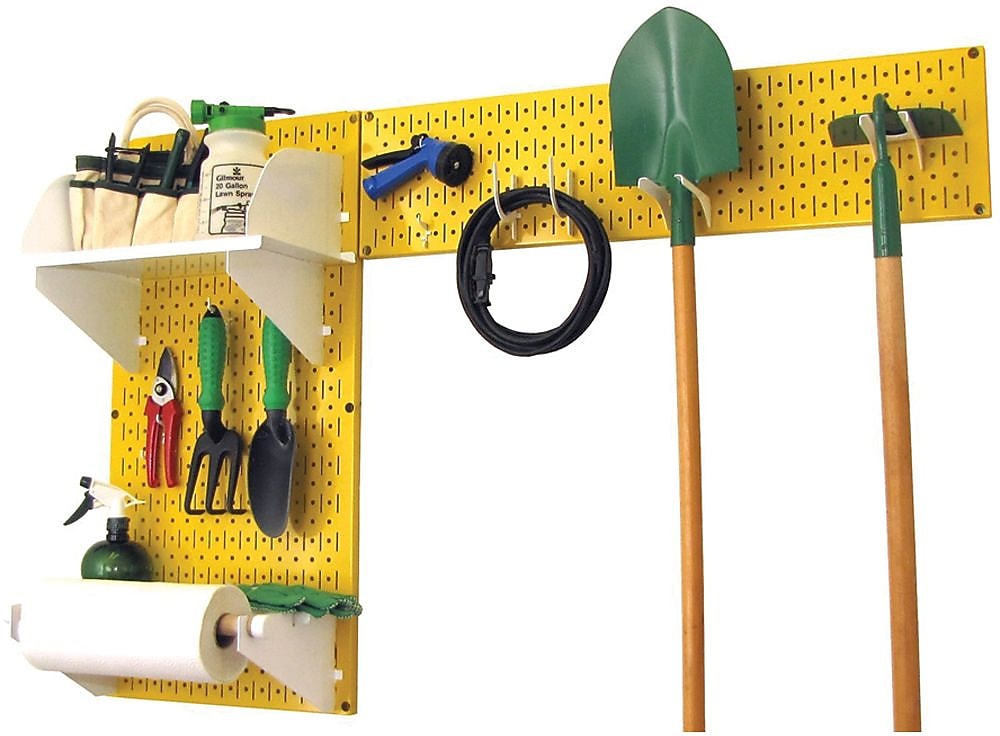 Wall Control Garden Tool Storage Organizer Pegboard Kit, Yellow Tool Board and White Accessories