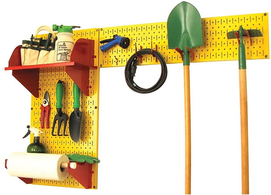 Wall Control Garden Tool Storage Organizer Pegboard Kit, Yellow Tool Board and Red Accessories