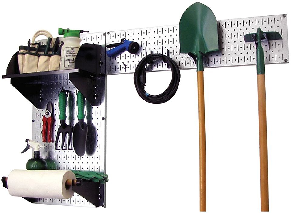 Wall Control Garden Tool Storage Organizer Pegboard Kit, Galvanized Tool Board and Black Accessories