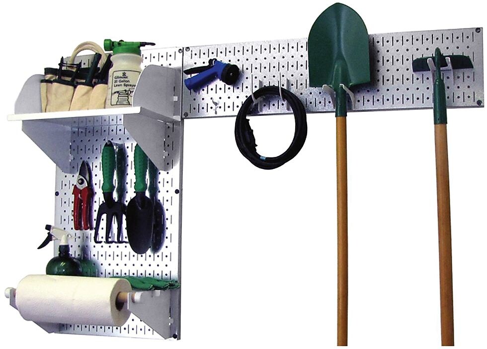 Wall Control Garden Tool Storage Organizer Pegboard Kit, Galvanized Tool Board and White Accessories