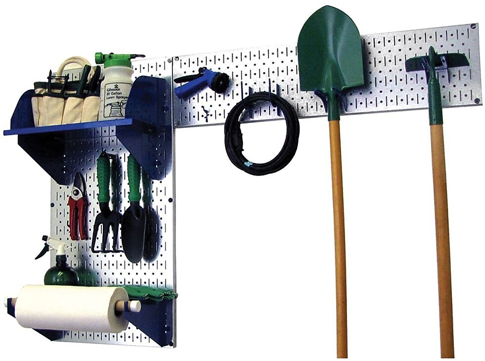 Wall Control Garden Tool Storage Organizer Pegboard Kit, Galvanized Tool Board and Blue Accessories