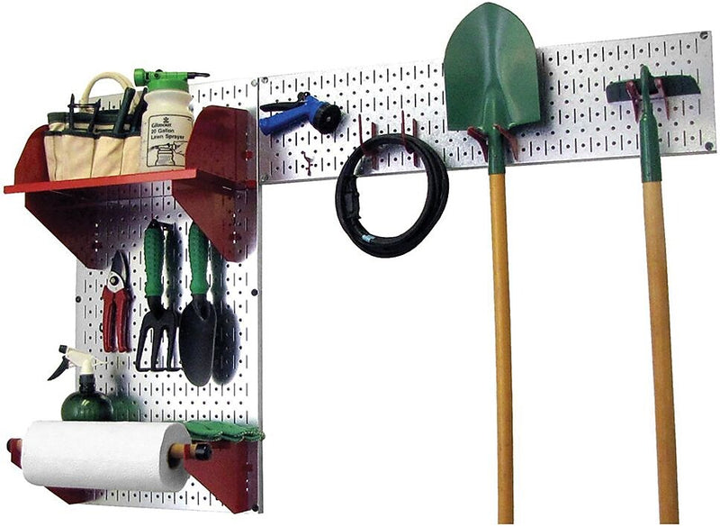 Wall Control Garden Tool Storage Organizer Pegboard Kit, Galvanized Tool Board and Red Accessories