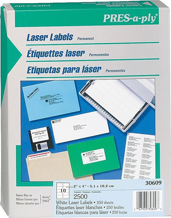 Avery PRES-a-ply White Labels, 2" x 4" , Permanent-Adhesive, 10-up, 2500 Labels,