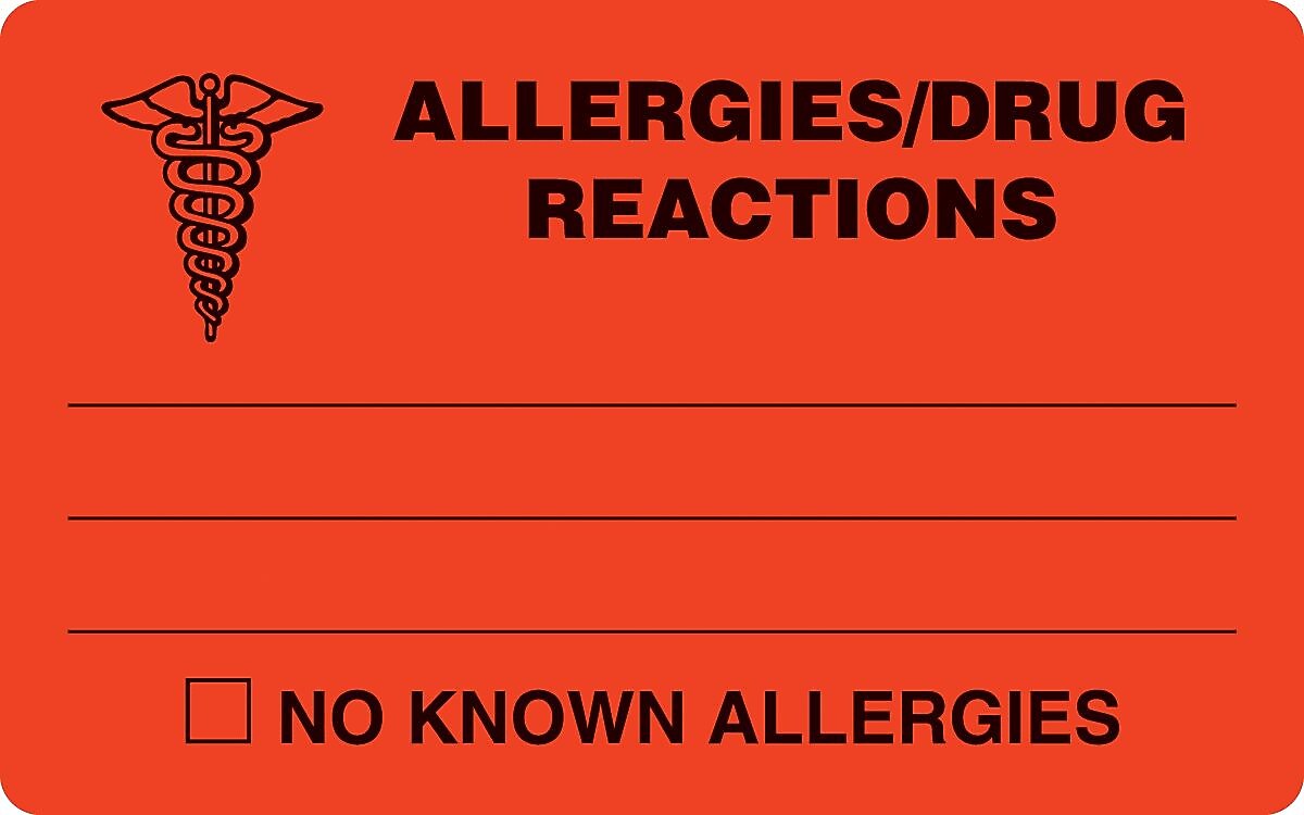 Allergy Warning Medical Labels, Allergies/Drug Reaction, Fluorescent Red, 2-1/2x4", 100 Labels