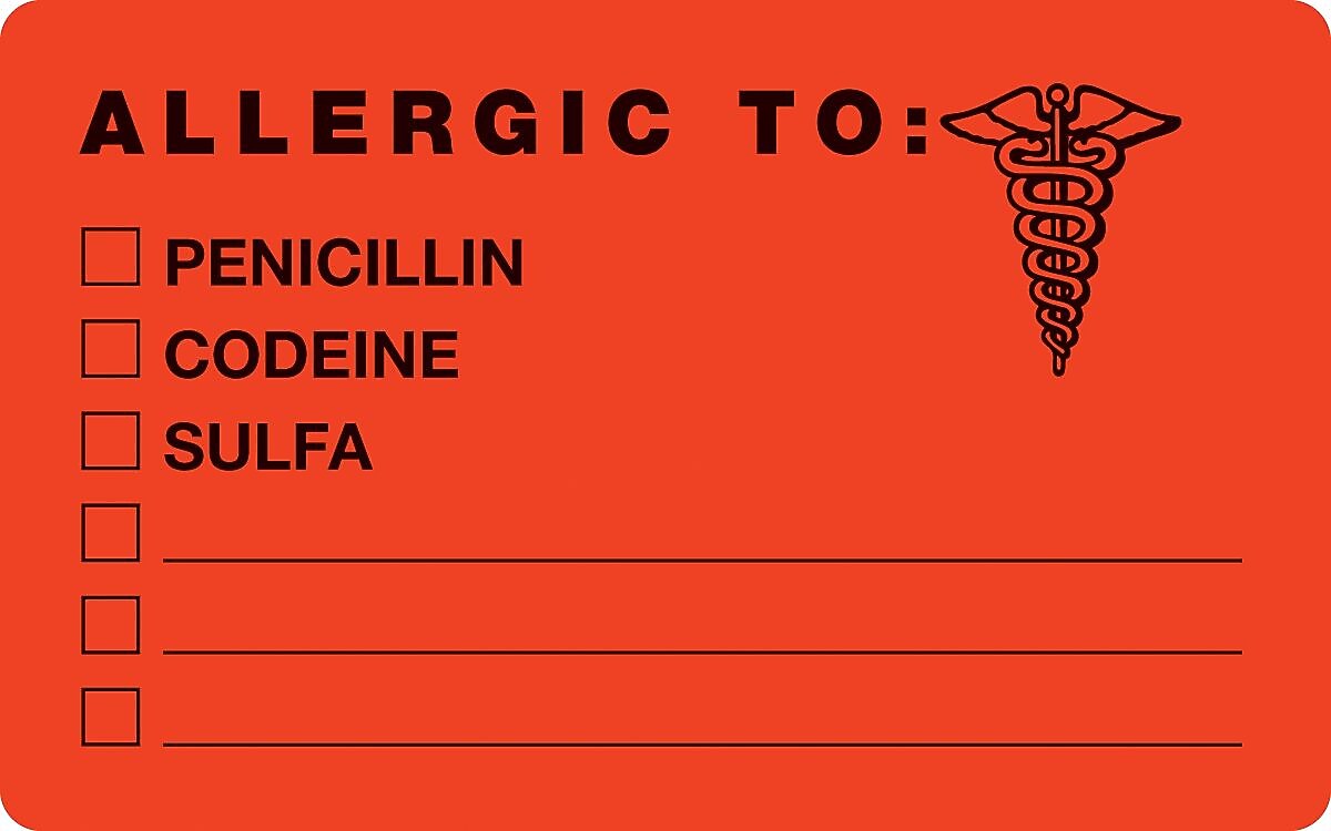 Allergy Warning Medical Labels, Allergic To, Fluorescent Red, 2-1/2x4", 100 Labels