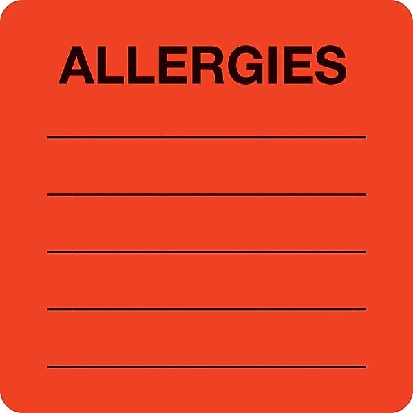 Allergy Warning Medical Labels, Allergies, Fluorescent Red, 2x2", 500 Labels