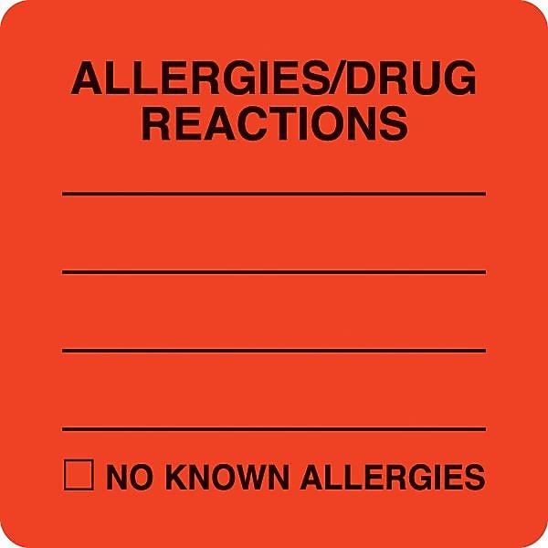 Allergy Warning Medical Labels, Allergies/Drug Reaction, Fluorescent Red, 2x2", 500 Labels
