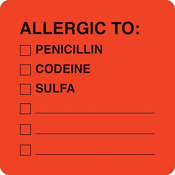 Allergy Warning Medical Labels, Allergic To:, Fluorescent Red, 2x2", 500 Labels