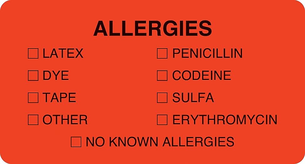 Allergy Warning Medical Labels, Allergies, Fluorescent Red, 1-3/4x3-1/4", 500 Labels