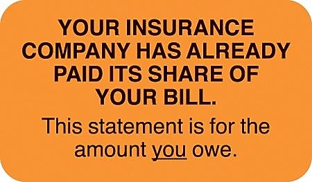 Patient Insurance Labels, Your Insurance Co. Paid, You Owe, Fl Orange, 7/8x1-1/2", 500 Labels