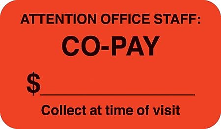 Insurance Chart File Medical Labels, Co-pay, Fluorescent Red, 7/8x1-1/2", 500 Labels