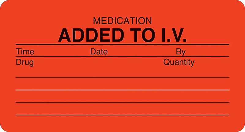 IV/Medication Labels, Medication Added to I.V., Fluorescent Red, 1-3/4x3-1/4", 500 Labels