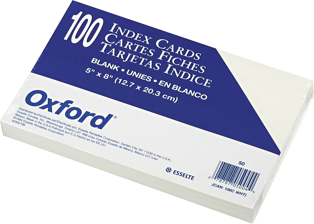 Oxford Unruled Index Cards, 5 x 8, White, 100/Pack