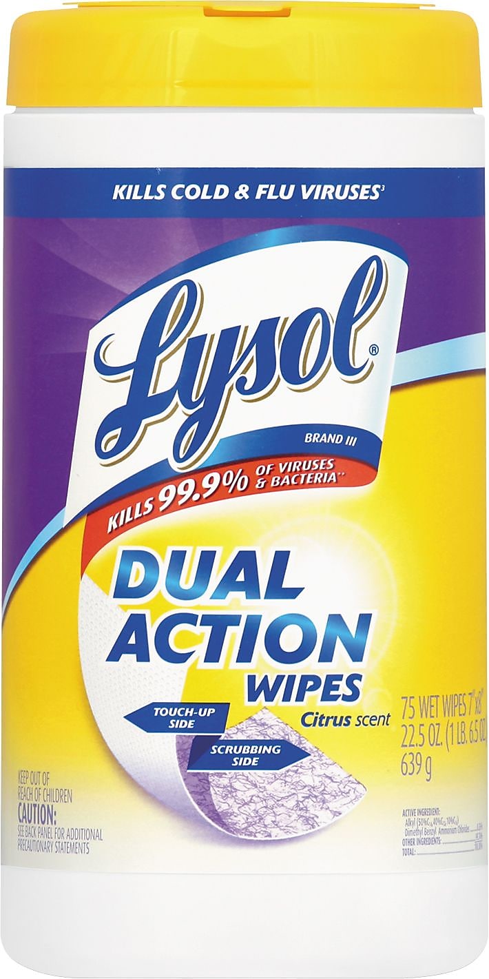 Lysol Dual Action Citrus Disinfecting Wipes, 7 x 8, 75/Canister