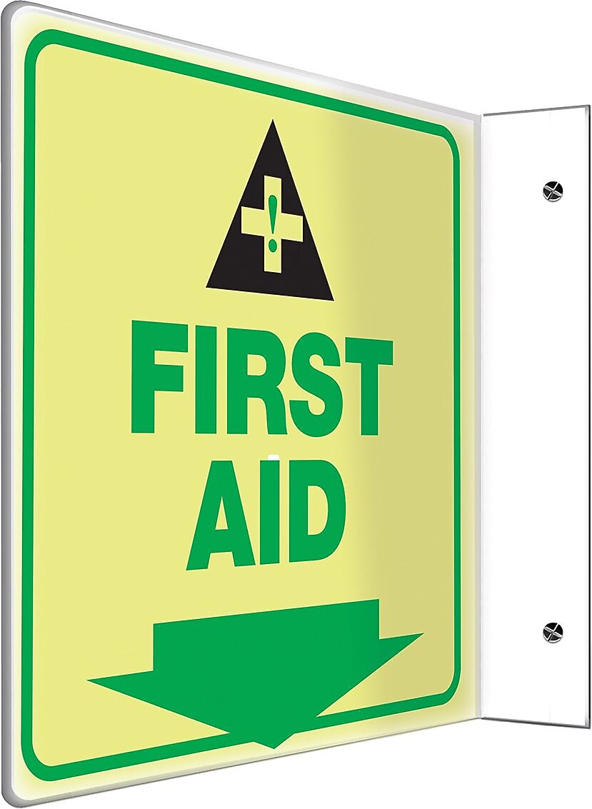 Accuform First Aid Projection Sign, Green/Black/Yellow, 8"H x 8"W (PSP976)