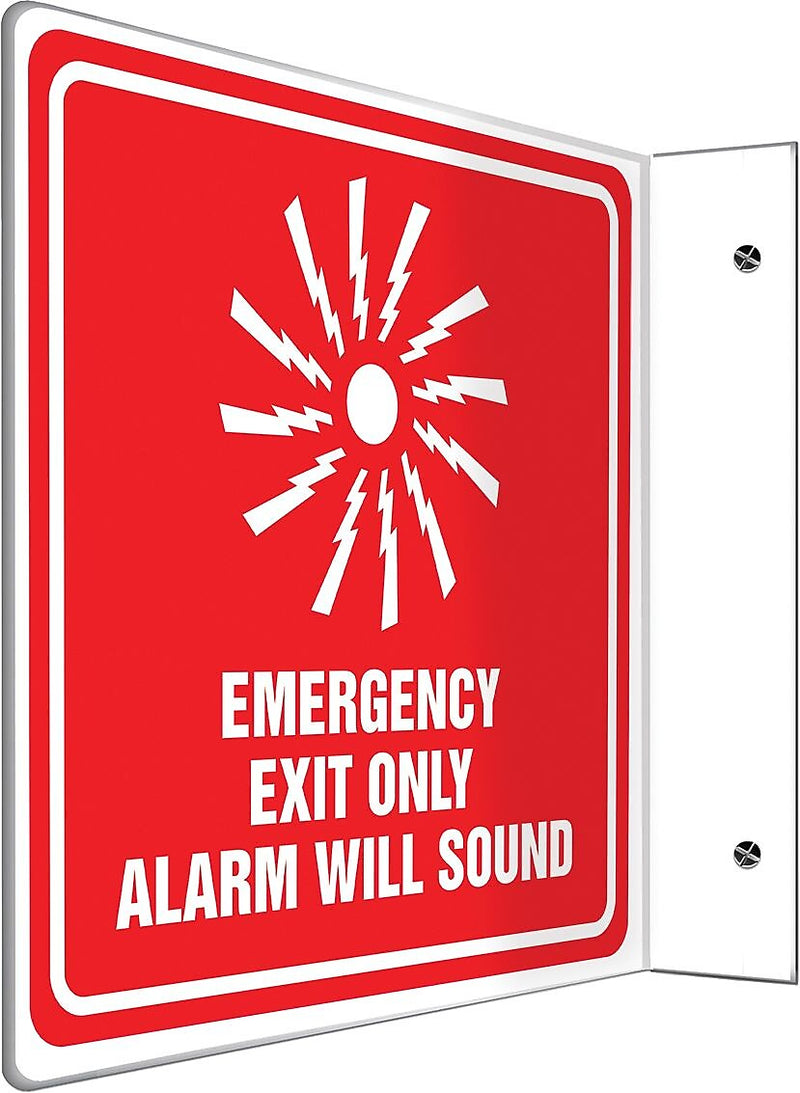 Accuform Emergency Exit Only Alarm Will Sound Projection Sign, White/Red, 8"H x 8"W (PSP232)