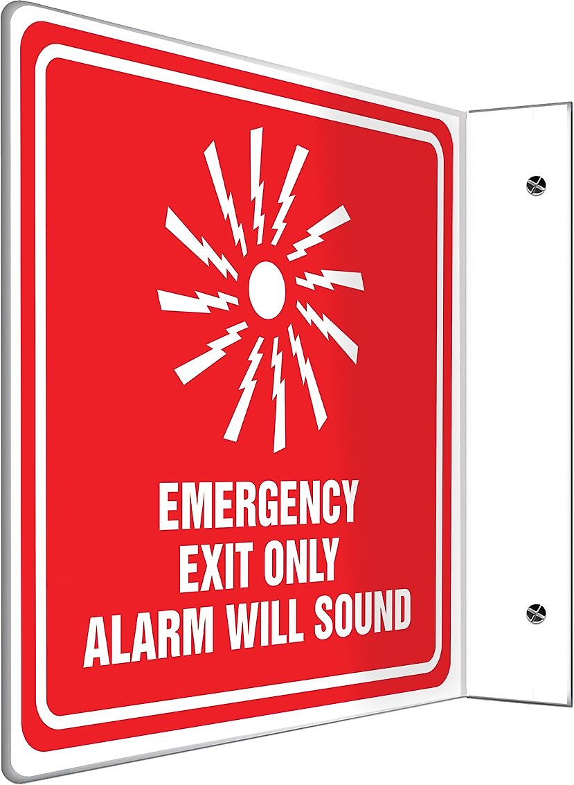 Accuform Emergency Exit Only Alarm Will Sound Projection Sign, White/Red, 8"H x 8"W (PSP232)