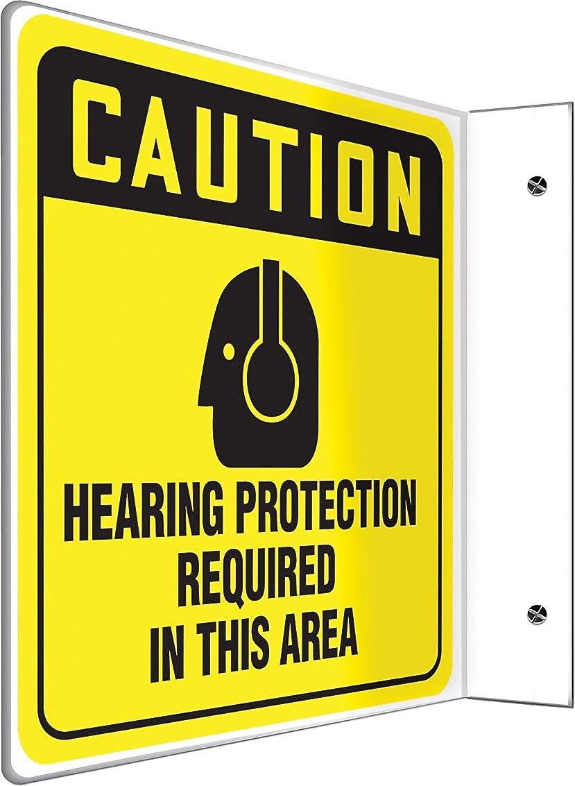 Accuform Hearing Protection Required In This Area Projection Sign, Black/Yellow, 8"H x 8"W (PSP476)