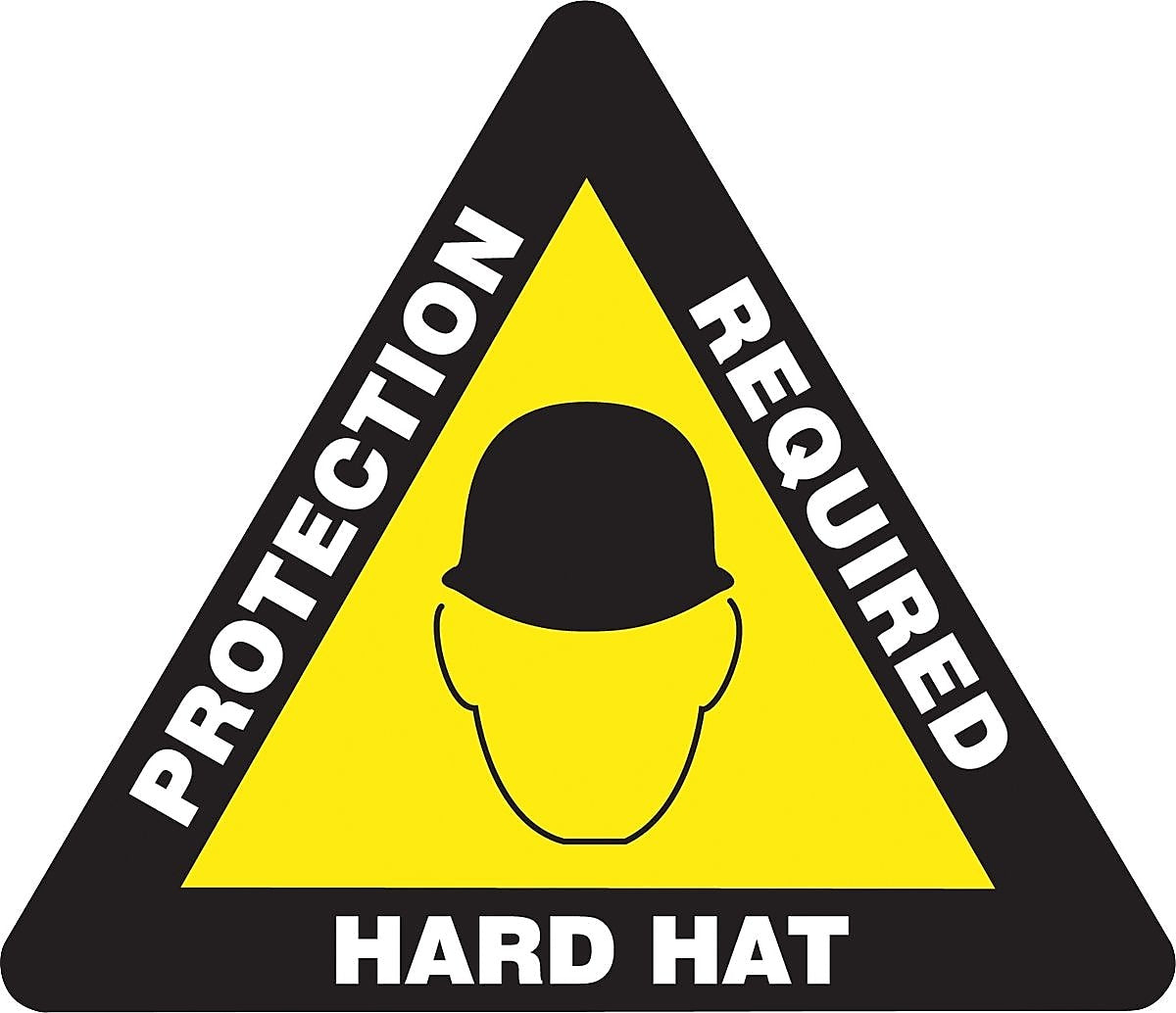 Accuform Signs® Slip-Gard™ HARD HAT PROTECTION REQUIRED Triangle Floor Sign, White/YLW/BLK, 17"x17"