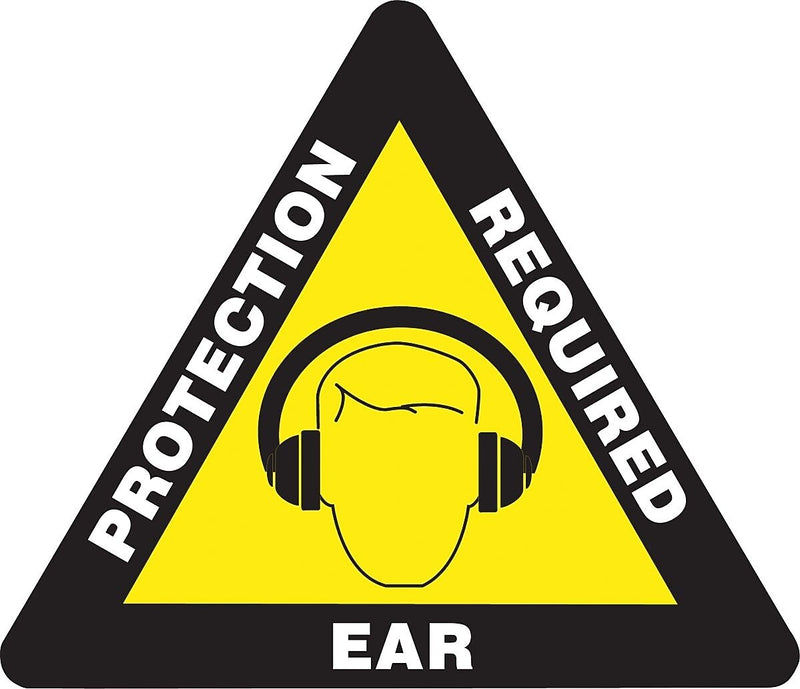 Accuform Slip-Gard EAR PROTECTION REQUIRED Triangle Floor Sign, White/Yellow/Black, 17"x17" (PSR836)