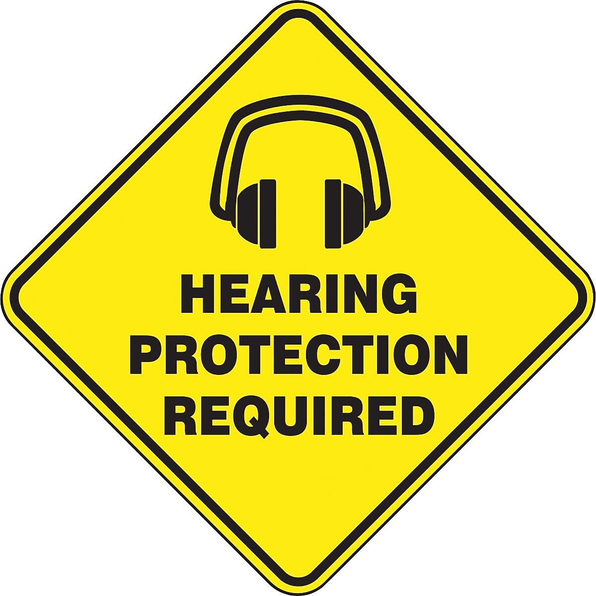 Accuform Slip-Gard HEARING PROTECTION REQUIRED Diamond Floor Sign, Black/Yellow, 17"H x 17"W (PSR424)