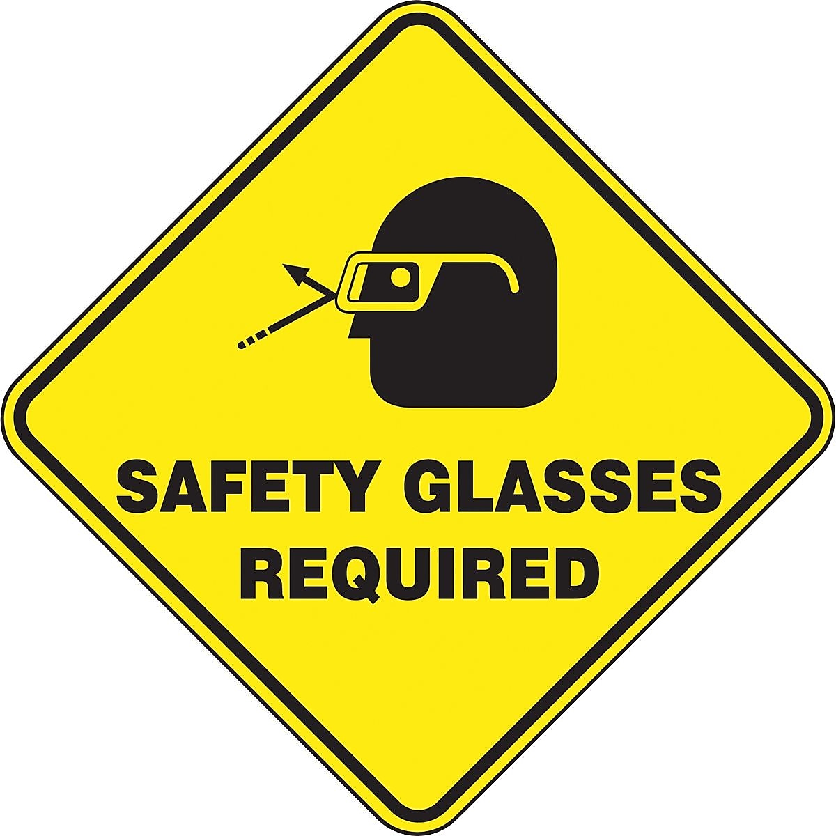 Accuform Slip-Gard SAFETY GLASSES REQUIRED Diamond Floor Sign, Black/Yellow, 17"H x 17"W (PSR418)