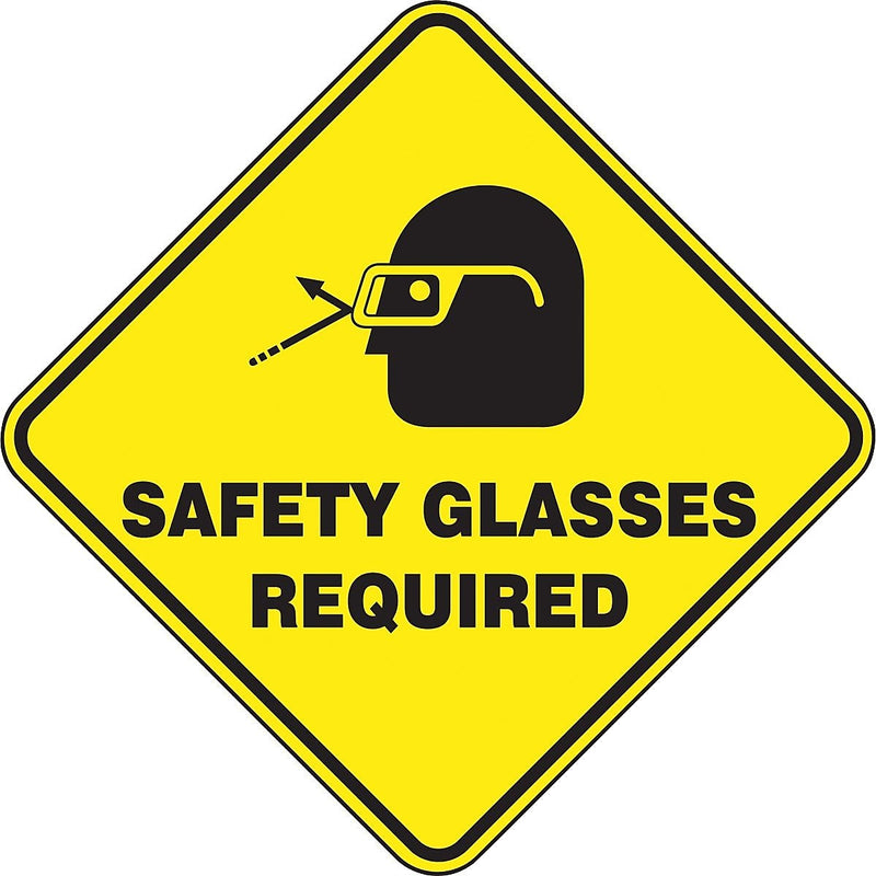 Accuform Slip-Gard SAFETY GLASSES REQUIRED Diamond Floor Sign, Black/Yellow, 17"H x 17"W (PSR418)