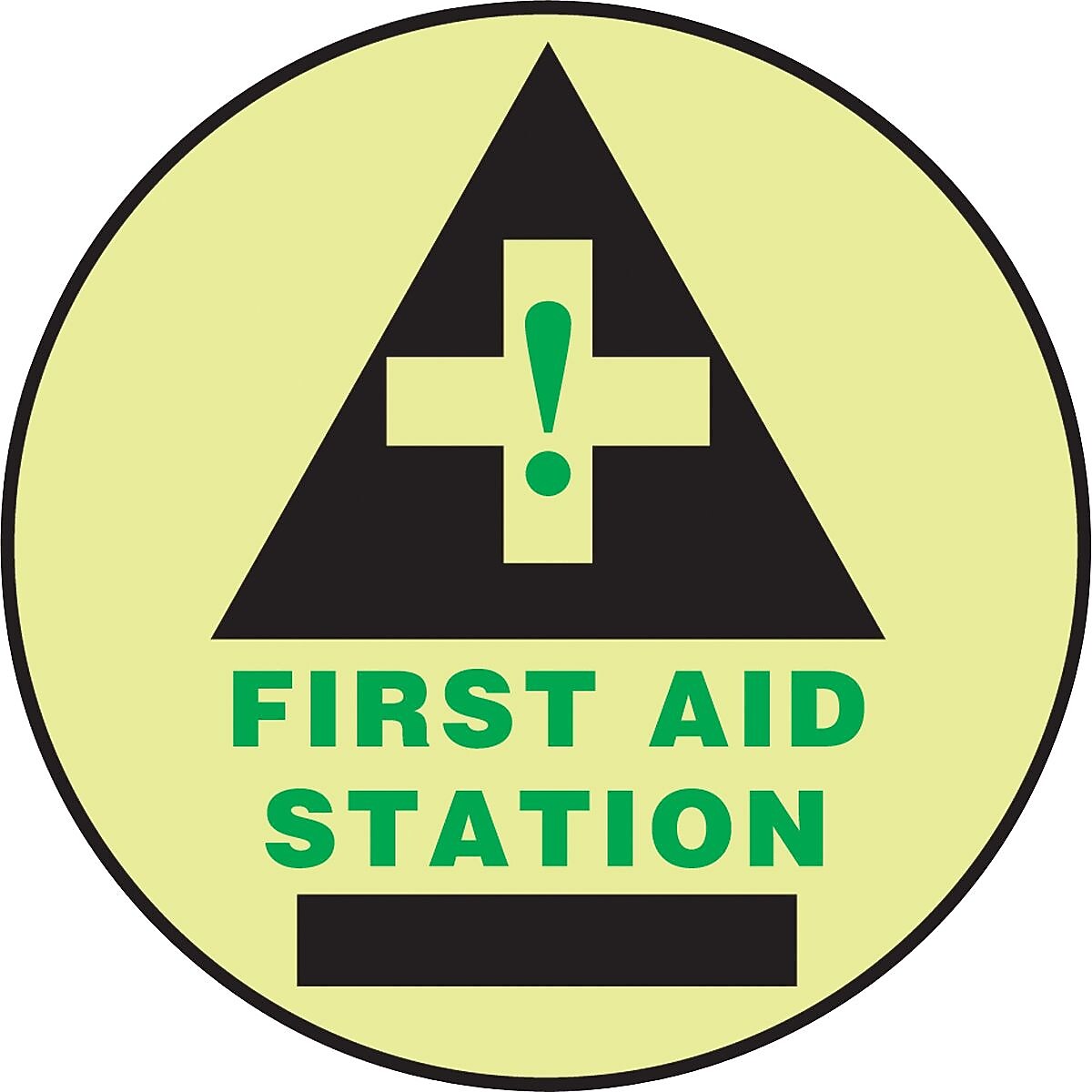 Accuform Slip-Gard FIRST AID STATION Round Floor Sign, Black/Green/Yellow, 17"Dia. (MFS782)