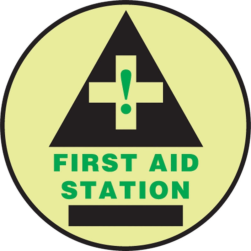 Accuform Signs® Slip-Gard™ FIRST AID STATION Round Floor Sign, Black/Green/Yellow, 8"Dia., 1/Pack