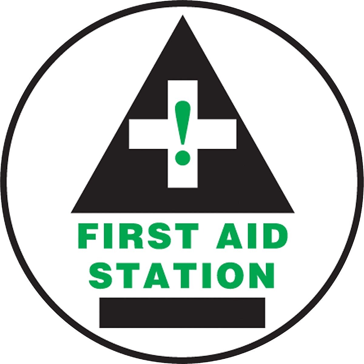 Accuform Signs® Slip-Gard™ FIRST AID STATION Round Floor Sign, Green/Black/Yellow, 8"Dia., 1/Pack (MFS827)