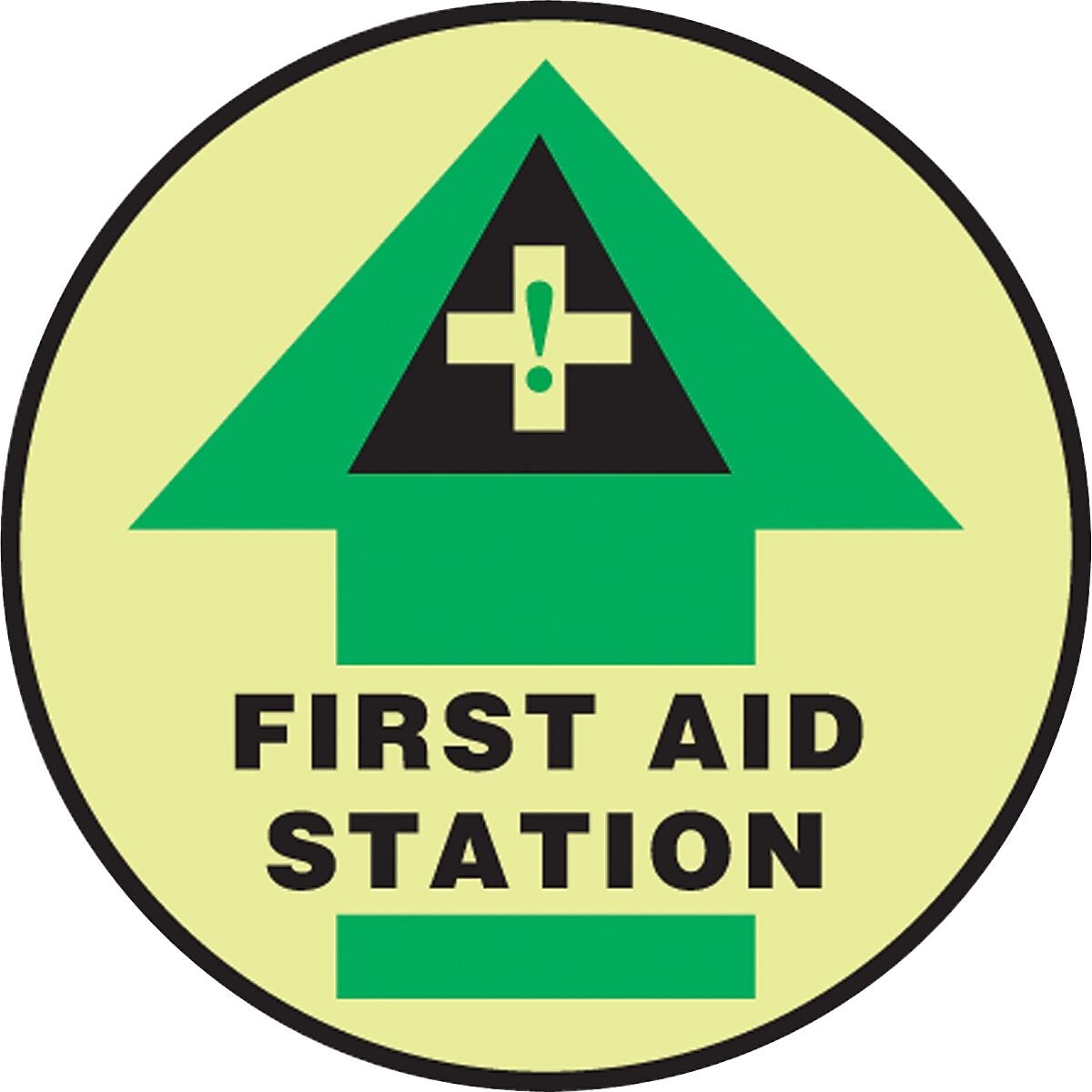Accuform Signs® Slip-Gard™ FIRST AID STATION Round Floor Sign, Green/Black/Yellow, 8"Dia., 1/Pack (MFS891)