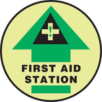 Accuform Signs® Slip-Gard™ FIRST AID STATION Round Floor Sign, Green/Black/Yellow, 8"Dia., 1/Pack (MFS891)