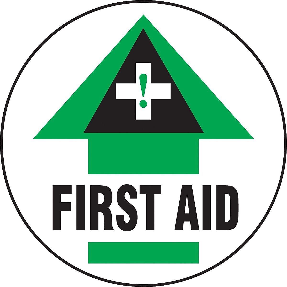 Accuform Slip-Gard FIRST AID Round Floor Sign, Black/Green/White, 17"Dia. (MFS728)