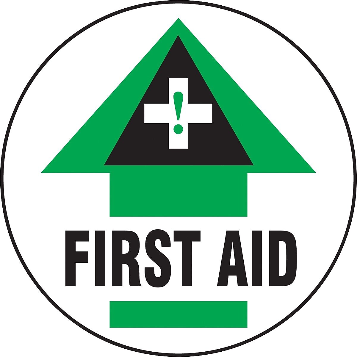 Accuform Signs® Slip-Gard™ FIRST AID Round Floor Sign, Green/Black/White, 8"Dia., 1/Pack
