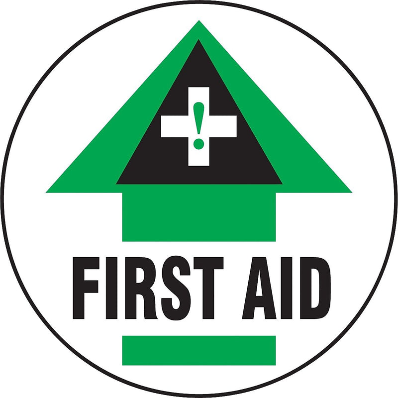 Accuform Signs® Slip-Gard™ FIRST AID Round Floor Sign, Green/Black/White, 8"Dia., 1/Pack