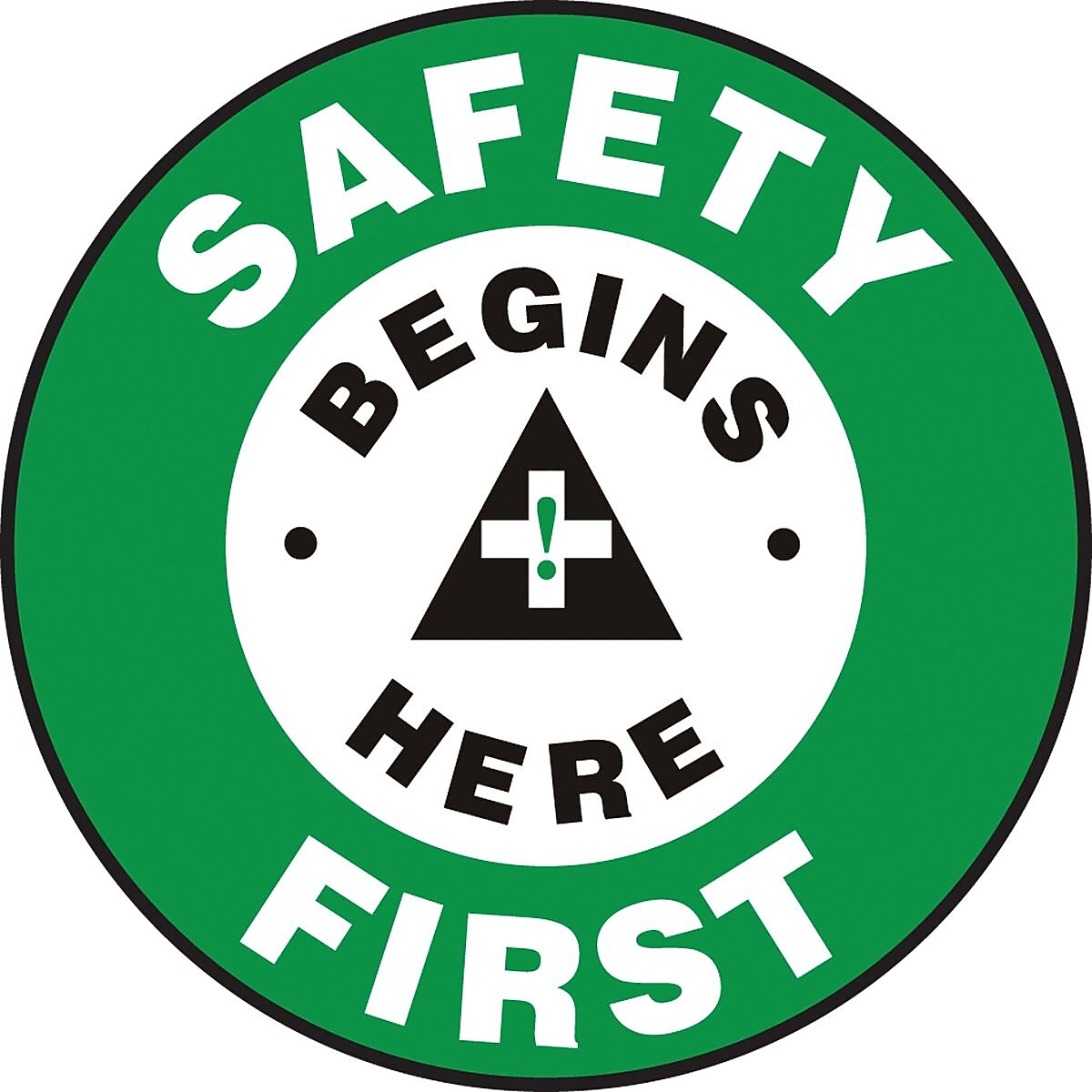 Accuform Slip-Gard SAFETY FIRST SAFETY BEGINS HERE Floor Sign, Black/White/Green, 8"Dia. (MFS801)
