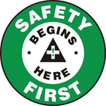 Accuform Slip-Gard SAFETY FIRST SAFETY BEGINS HERE Floor Sign, Black/White/Green, 8"Dia. (MFS801)