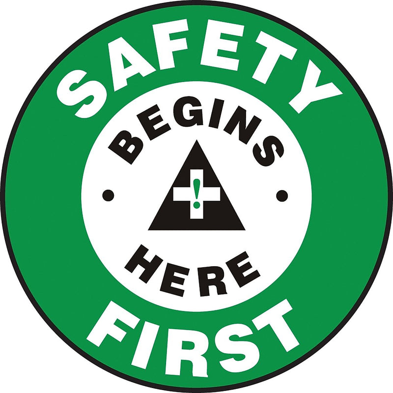 Accuform Slip-Gard SAFETY FIRST SAFETY BEGINS HERE Floor Sign, Black/White/Green, 8"Dia. (MFS801)