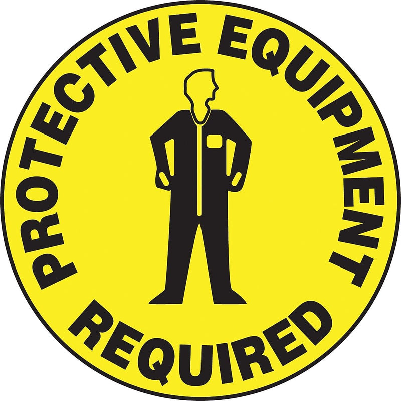 Accuform Signs® Slip-Gard™ PROTECTIVE EQUIPMENT REQUIRED Round Floor Sign, Black/Yellow, 17"Dia.