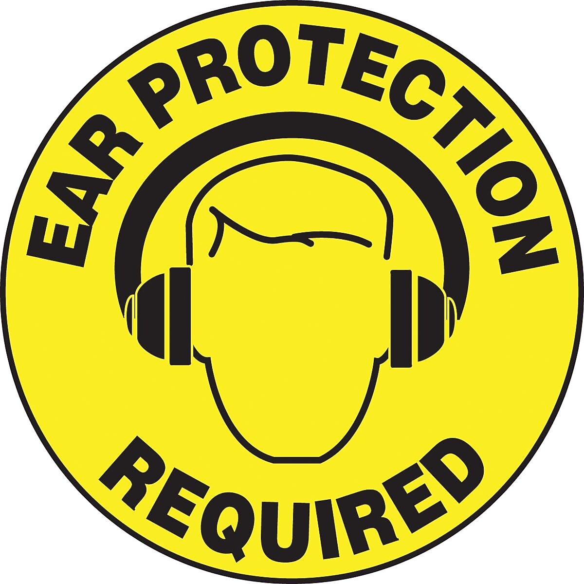 Accuform Slip-Gard EAR PROTECTION REQUIRED Round Floor Sign, Black/Yellow, 17"Dia. (MFS202)