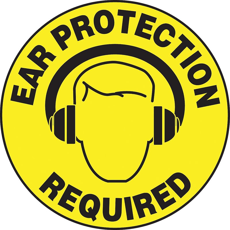 Accuform Slip-Gard EAR PROTECTION REQUIRED Round Floor Sign, Black/Yellow, 17"Dia. (MFS202)
