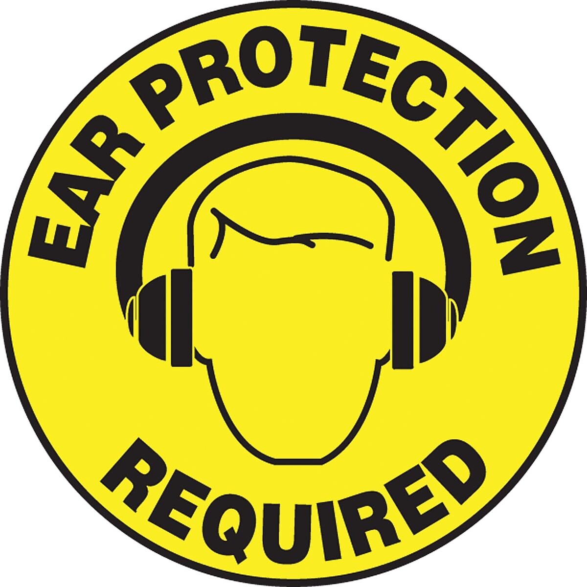Accuform Slip-Gard EAR PROTECTION REQUIRED Round Floor Sign, Black/Yellow, 8"Dia. (MFS313)