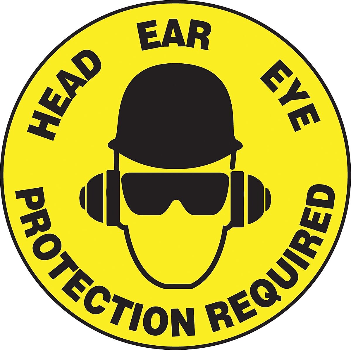 Accuform Slip-Gard HEAD EAR EYE PROTECTION REQUIRED Round Floor Sign, Black/Yellow, 17"Dia. (MFS212)