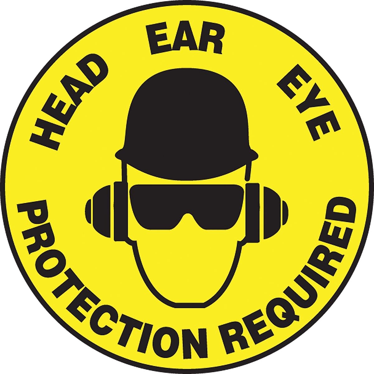 Accuform Slip-Gard HEAD EAR EYE PROTECTION REQUIRED Round Floor Sign, Black/Yellow, 8"Dia. (MFS323)