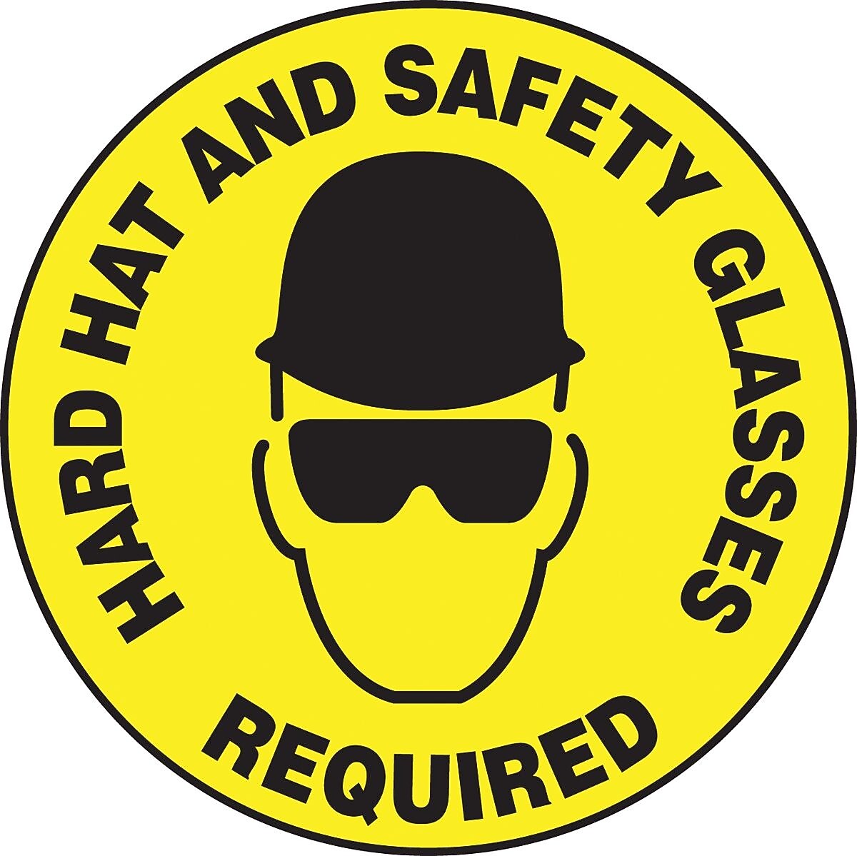 Accuform Slip-Gard HARD HAT AND SAFETY GLASSES REQUIRED Round Floor Sign, Black/Yellow, 8"Dia. (MFS210)