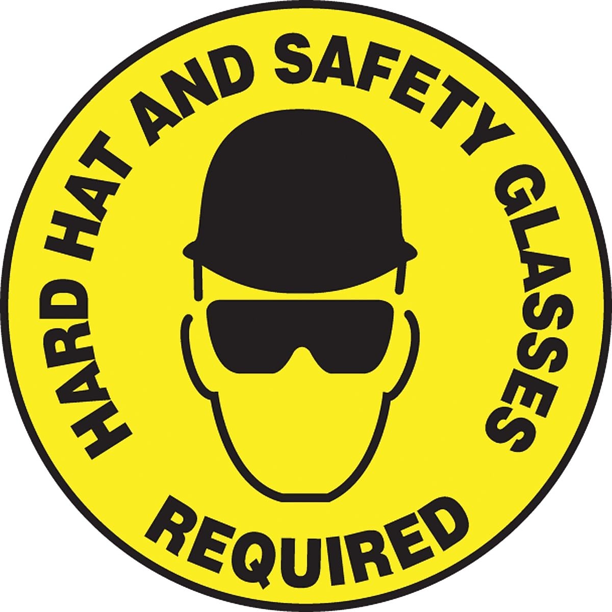 Accuform Slip-Gard HARD HAT AND SAFETY GLASSES REQUIRED Round Floor Sign, Black/Yellow, 8"Dia. (MFS321)