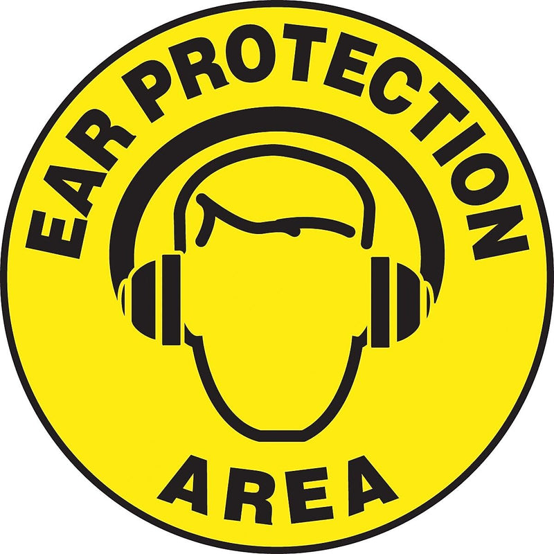 Accuform Slip-Gard EAR PROTECTION AREA Round Floor Sign, Black/Yellow, 17"Dia. (MFS233)