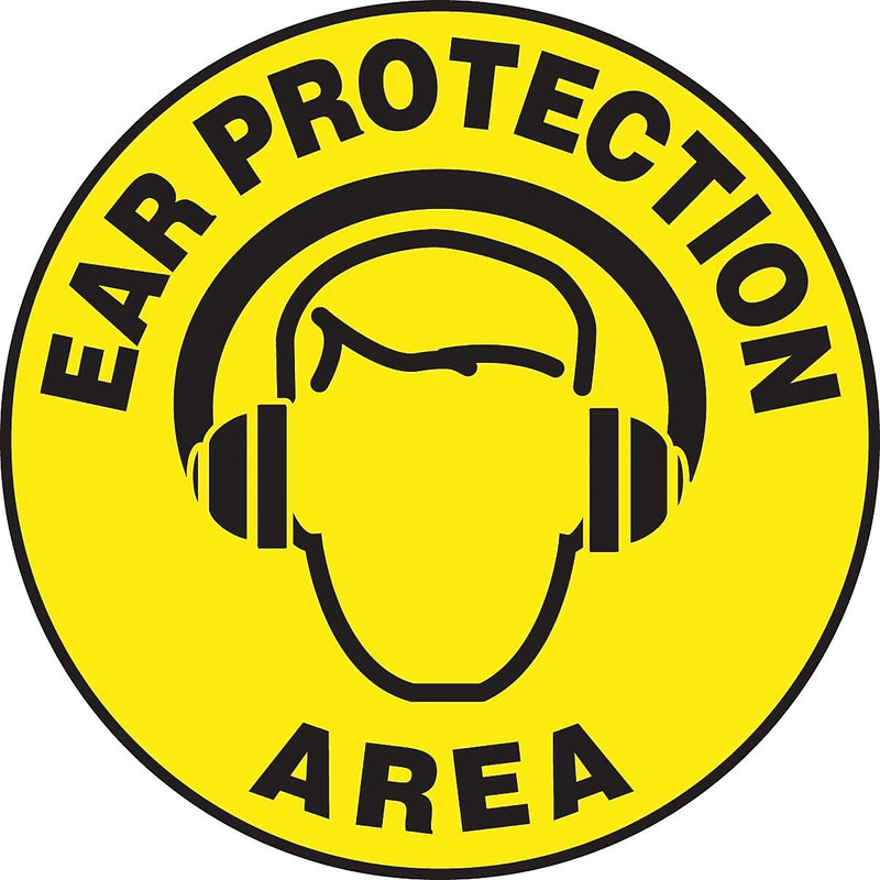 Accuform Slip-Gard EAR PROTECTION AREA Round Floor Sign, Black/Yellow, 8"Dia. (MFS834)