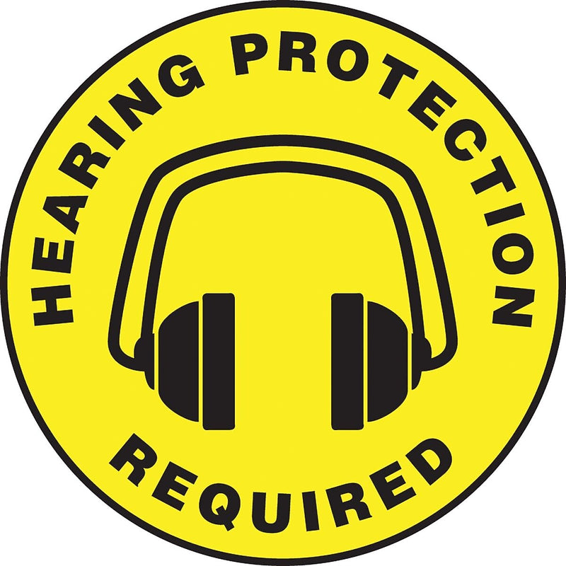 Accuform Signs® Slip-Gard™ HEARING PROTECTION REQUIRED Round Floor Sign, Black/Yellow, 17"Dia., 1/Pk